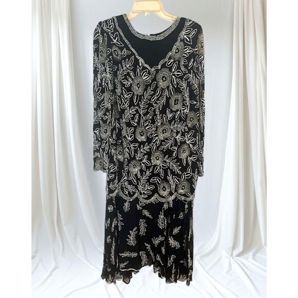 Vintage 80s Stenay B&W Silk Sequin Beaded Midi Dress Asymmetrical Hem Size 10 - Picture 5 of 10